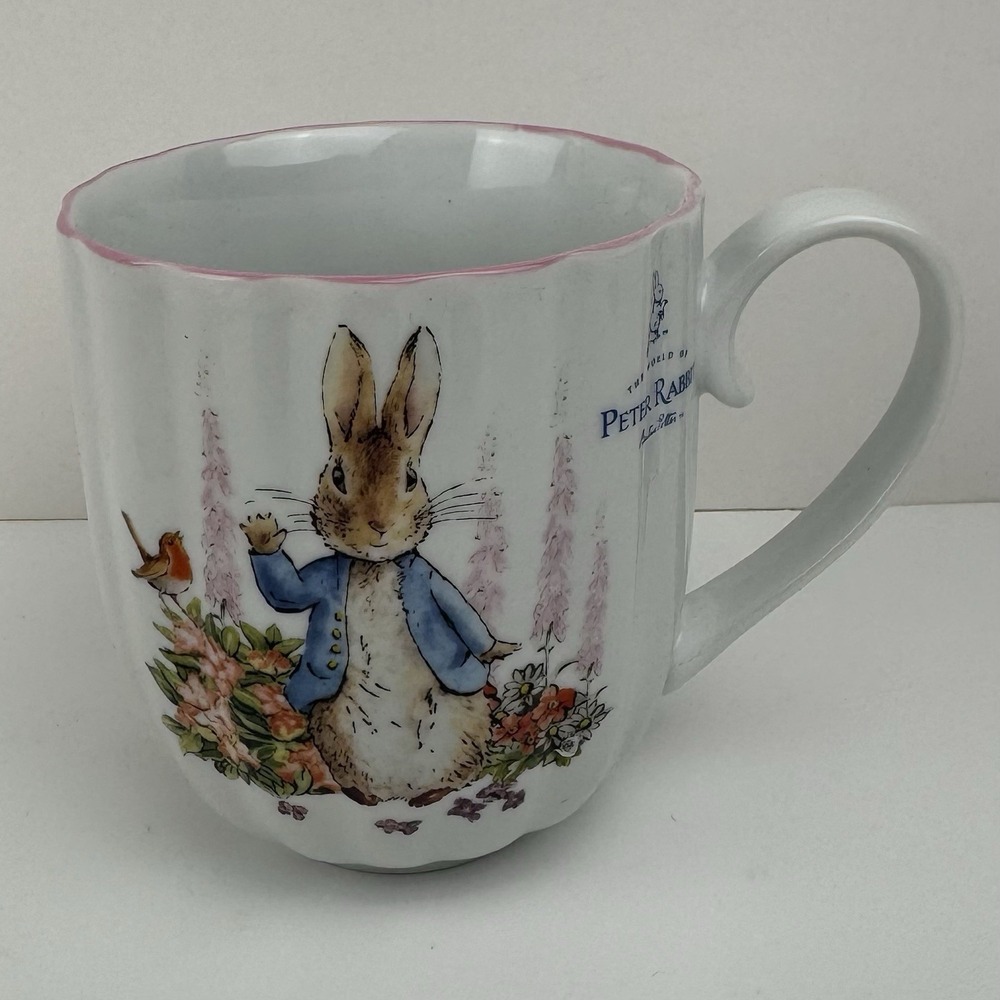Beatrix Potter Peter Rabbit 16oz Floral Coffee Mug Pink Rim Bunny Tea Cup